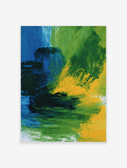 Abstract wall art print with bold blue, green, and yellow painterly brushstrokes and dynamic composition