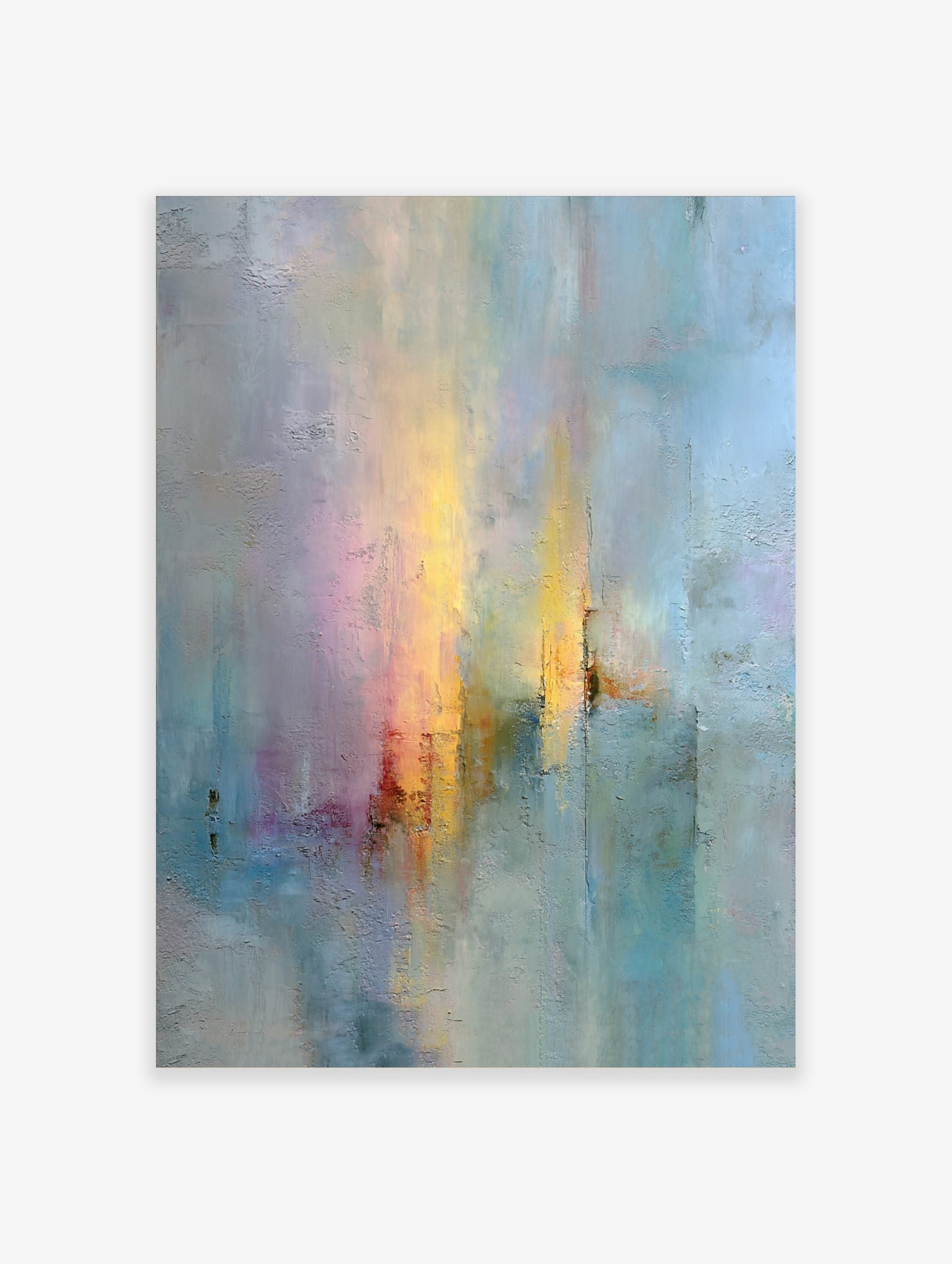 Abstract wall art print with vertical strokes of blue, yellow, pink, and red, textured appearance