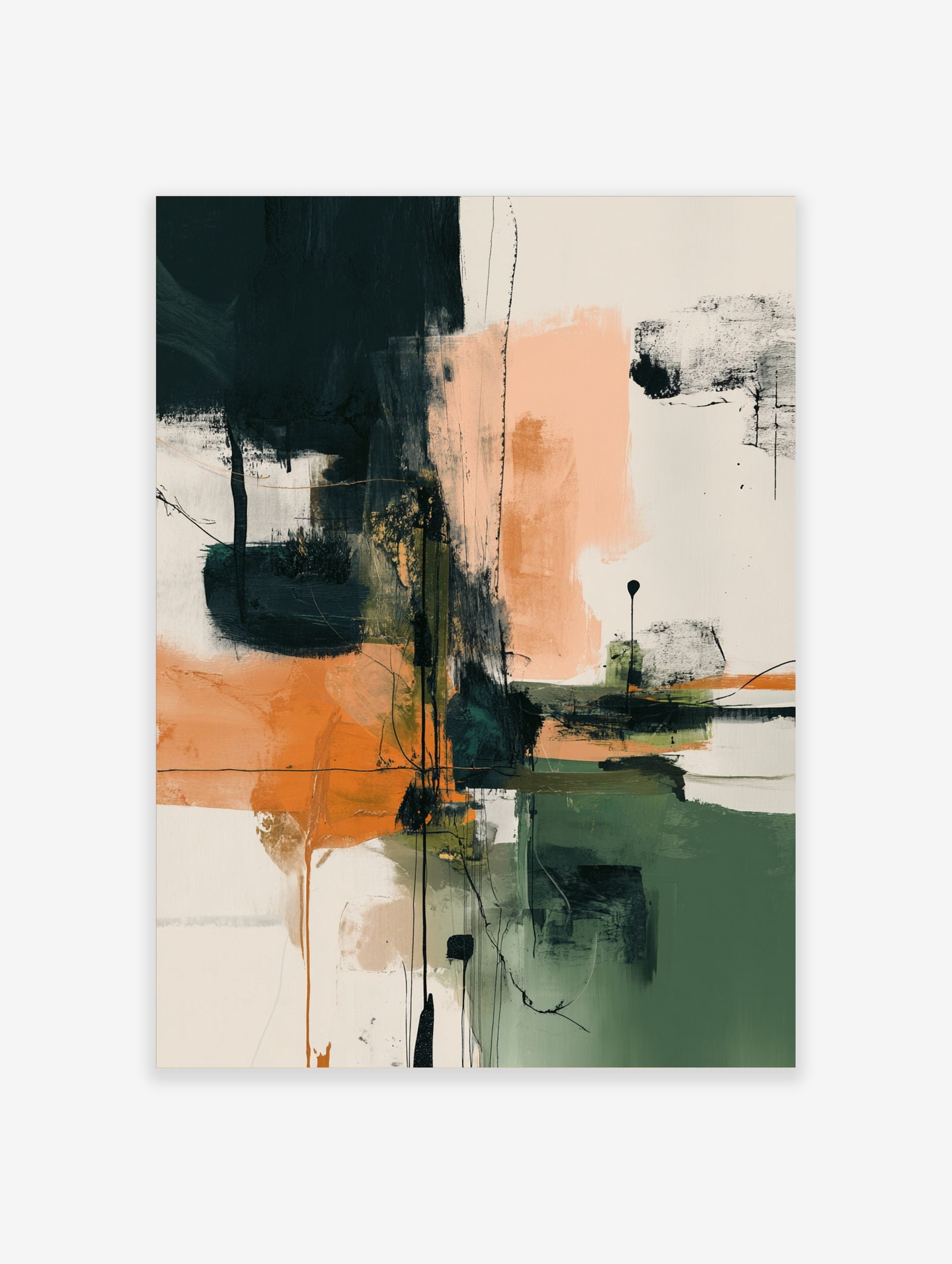 Abstract art print with teal, orange, green, and peach colour blocks, accented by black lines and brushstrokes