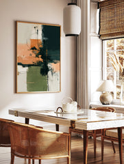 Abstract wall art print with dark teal, peach, and sage green colour blocks and thin black lines, in a styled room mockup