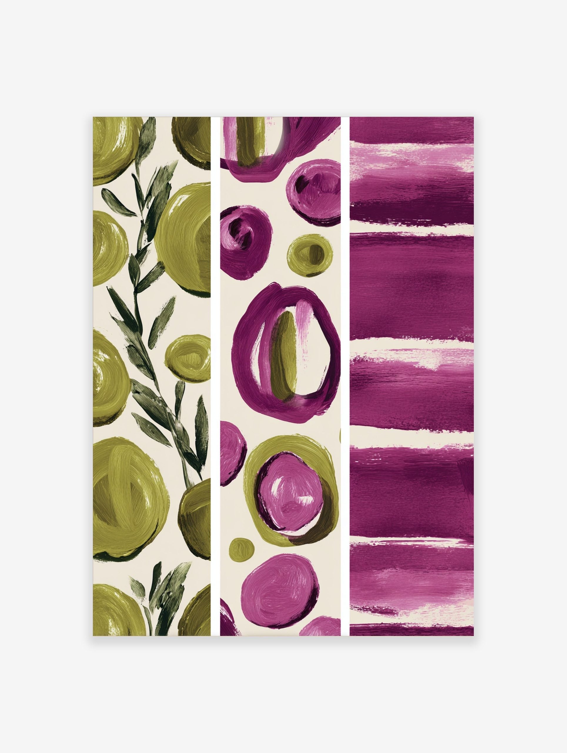 Abstract art print with green leaves, magenta and olive green brushstroke circles, and horizontal stripes