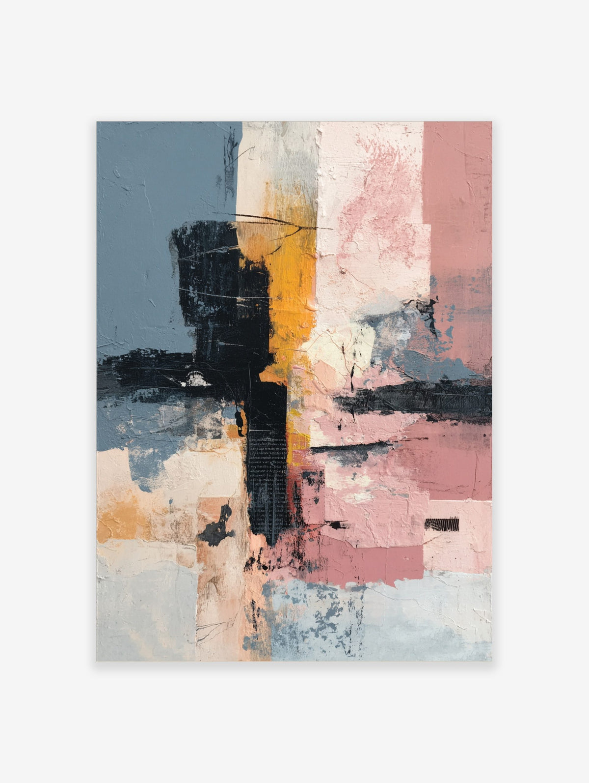 Abstract wall art with textured blocks of muted blue, black, mustard yellow, and pink, featuring collage elements