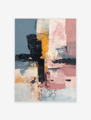 Abstract wall art with textured blocks of muted blue, black, mustard yellow, and pink, featuring collage elements