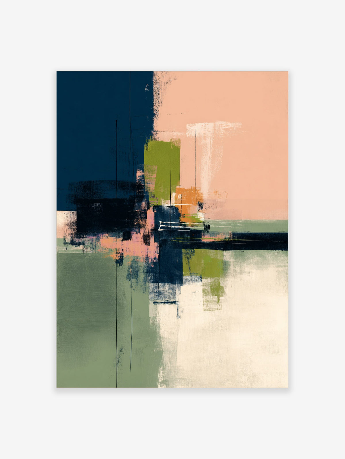 Abstract wall art print with bold navy, green, peach, and white brushstrokes in a layered composition