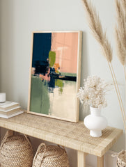 Abstract wall art print with textured navy, peach, olive green, and white brushstrokes and, in an alternate framed mockup