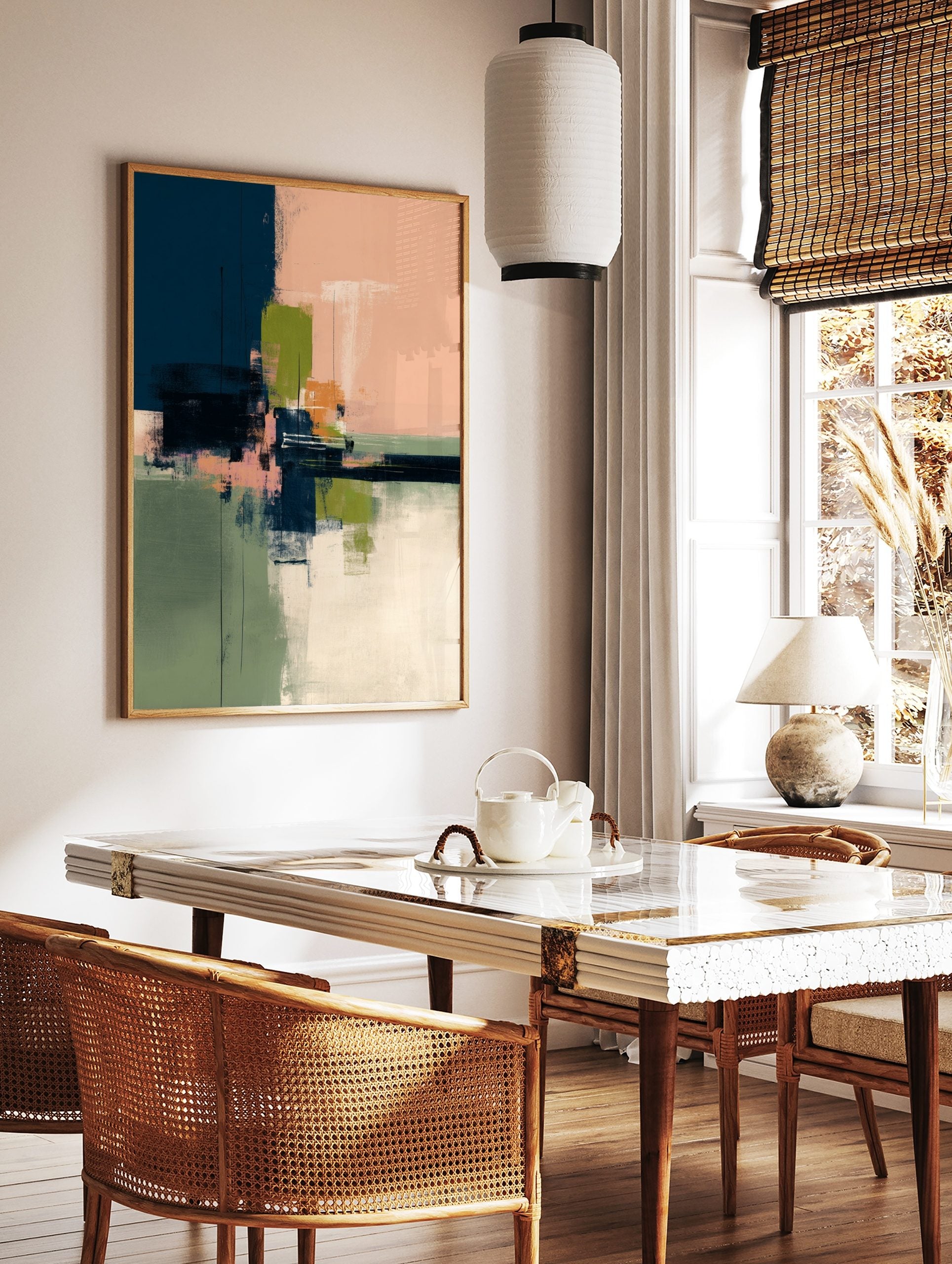 Abstract wall art print with textured navy, peach, olive green, and white brushstrokes and vertical, in a styled room mockup