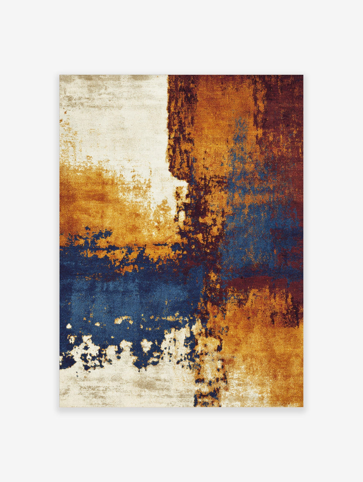Abstract wall art print with distressed textures in ochre, deep blue, reddish-brown, and off-white