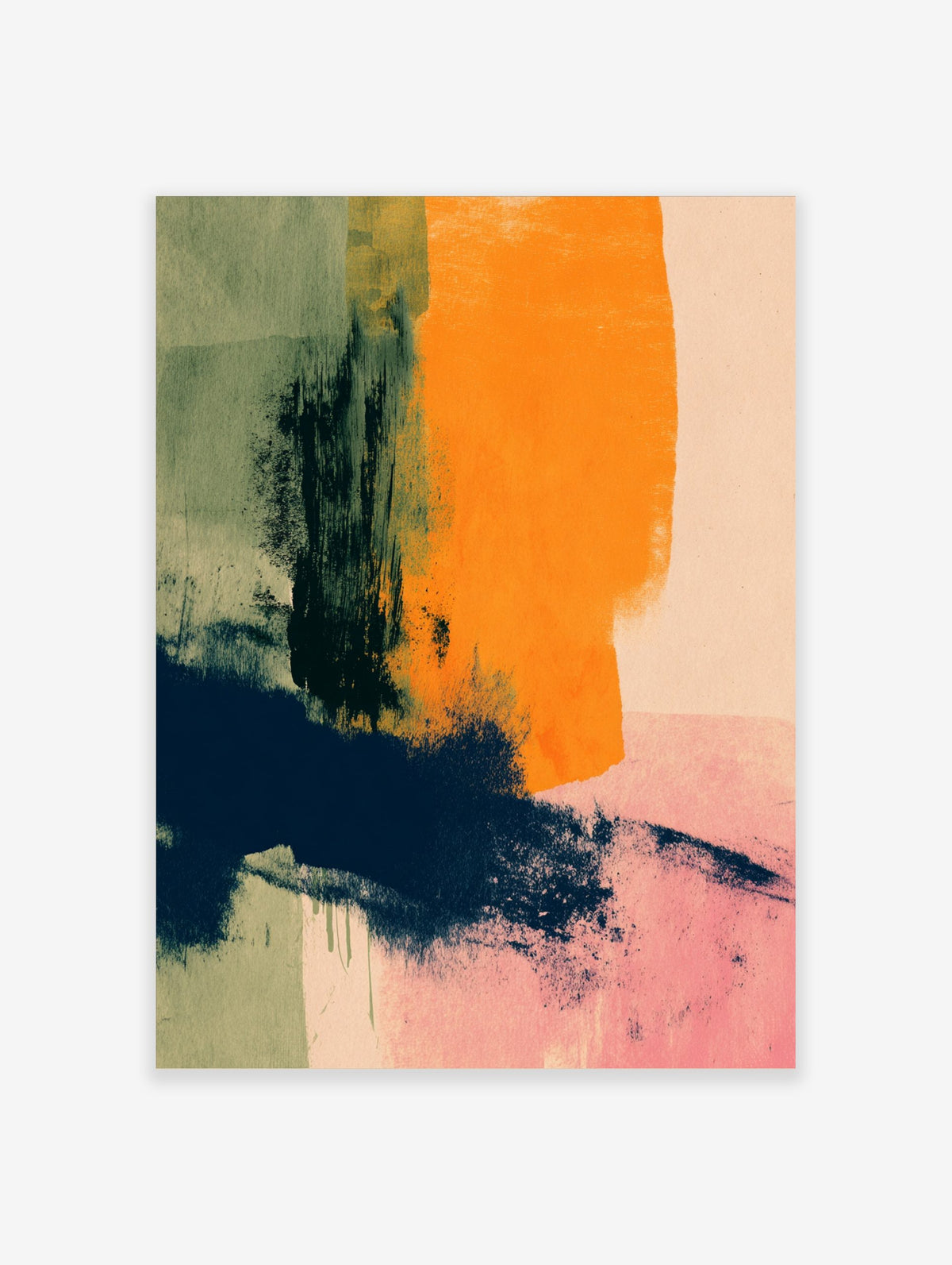 Abstract art print with bold orange, navy blue, and muted green brushstrokes on textured paper background