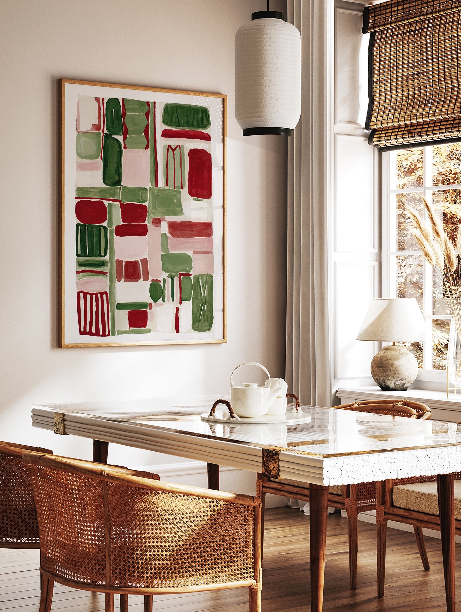Abstract wall art print with red, green, and pink organic block shapes on a light background. - Image 2