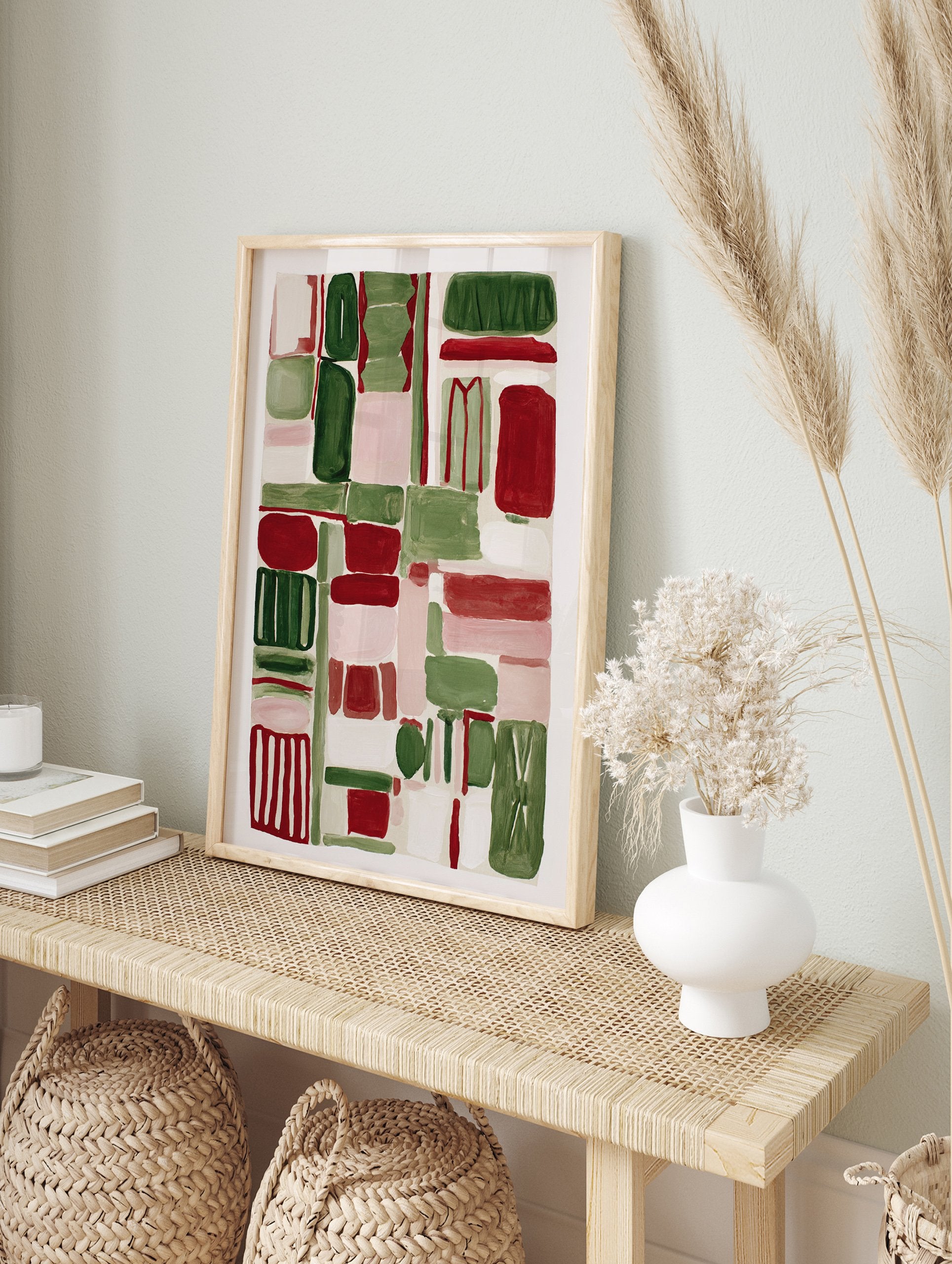Abstract wall art print with red, green, and pink organic block shapes on a light background. - Image 3