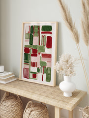 Abstract wall art print with red, green, and pink organic block shapes on a light background. - Image 3