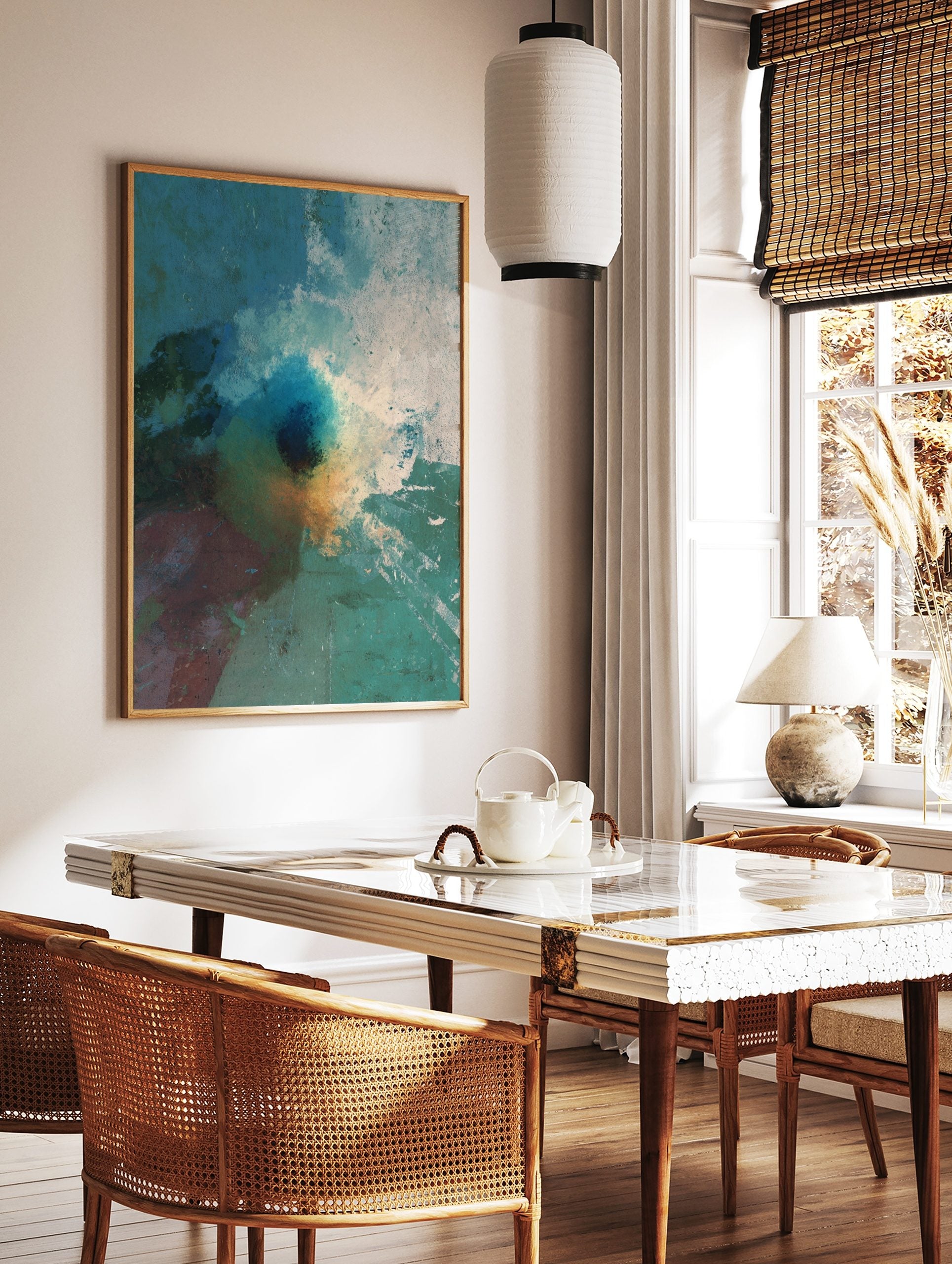 Textured abstract art print with deep blue, teal, white, and ochre colours, featuring a central, in a styled room mockup