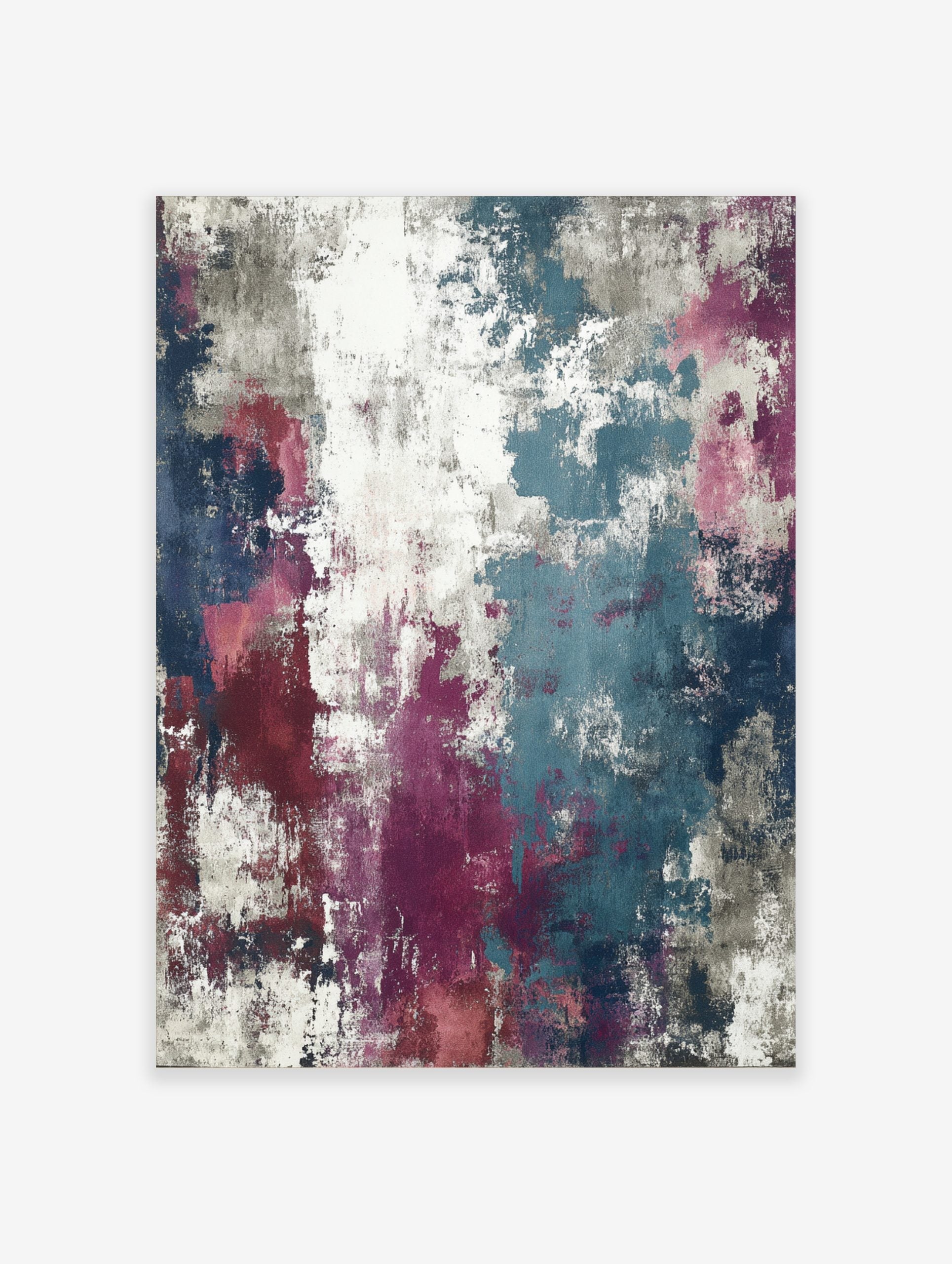 Abstract wall art print with distressed textures in teal, magenta, navy, grey, and white