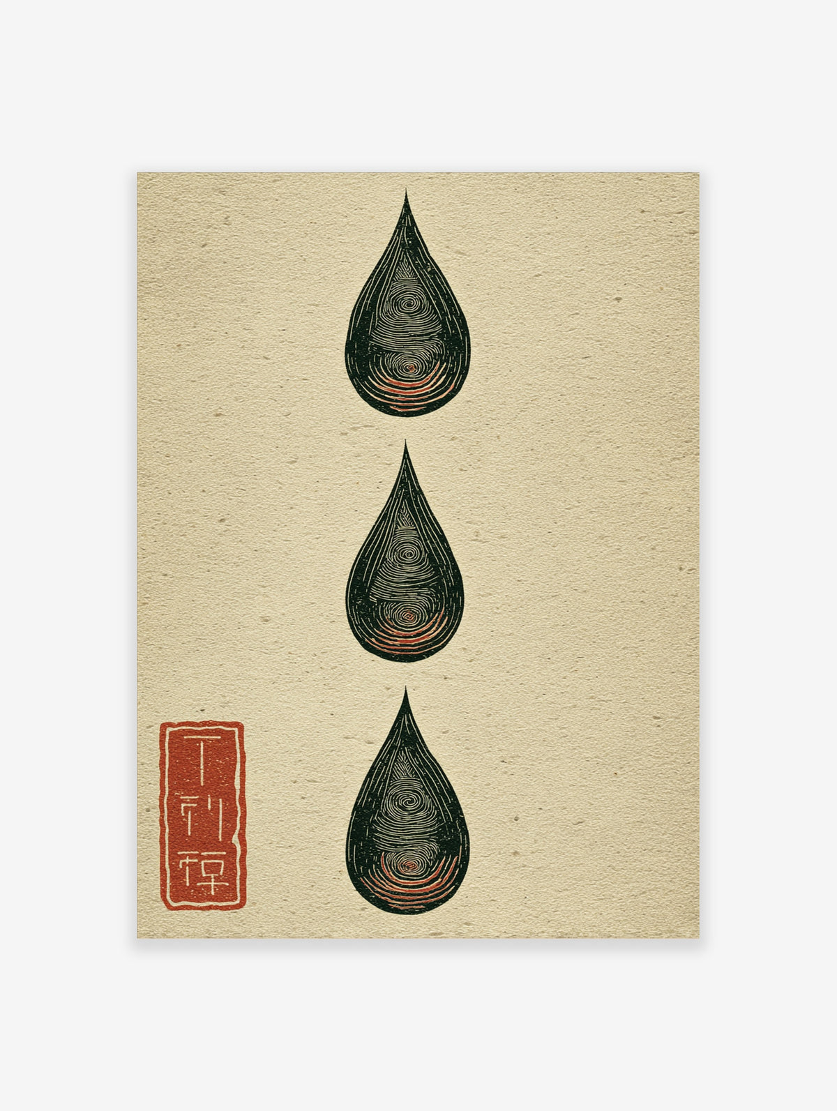 Three black ink water drop shapes with concentric line patterns and red-orange accents on beige paper