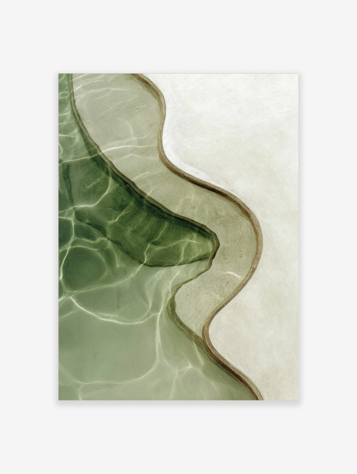 Aerial view of abstract water pool art with green water, beige border, and light ripples