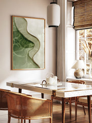 Aerial view of abstract water pool art with green water, beige border, and light ripples, in a styled room mockup