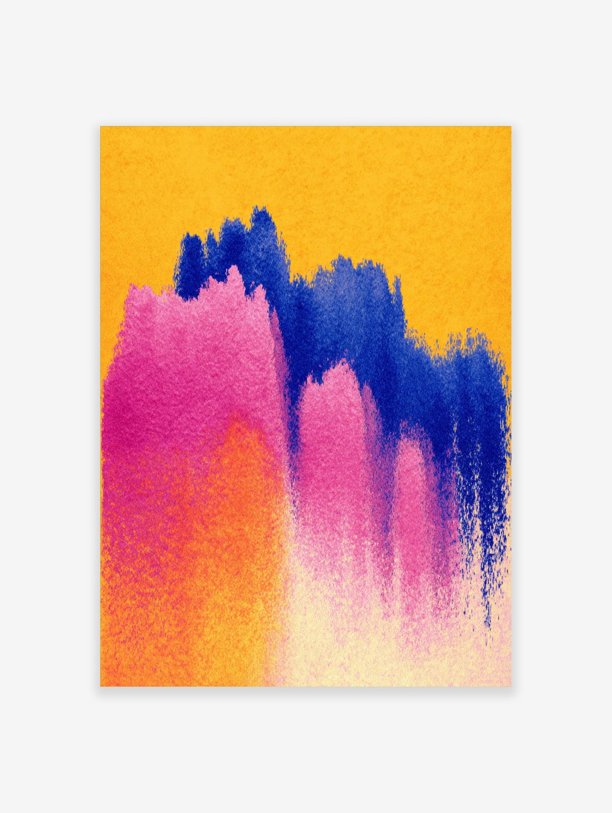 Abstract art print with broad pink, blue, and orange watercolour brushstrokes on a yellow background