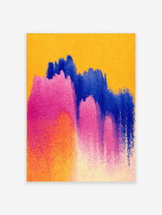 Abstract art print with broad pink, blue, and orange watercolour brushstrokes on a yellow background
