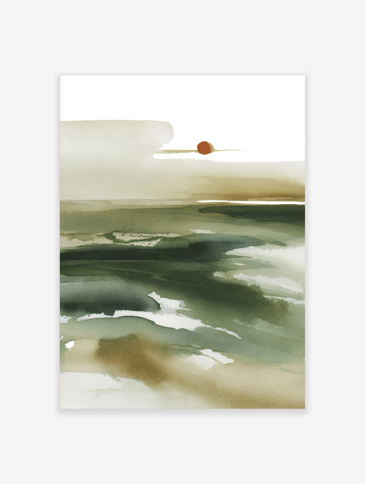 Abstract watercolour landscape wall art with deep green and beige washes, and a reddish-brown circle