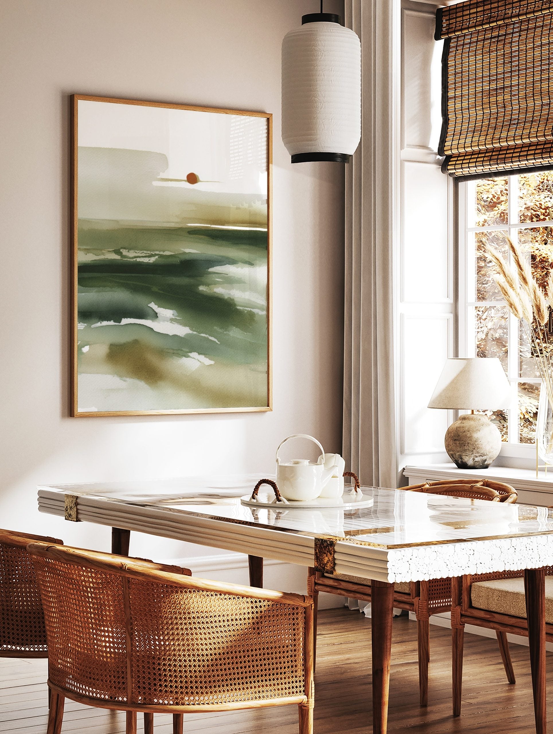 Abstract watercolour landscape wall art with deep green and beige washes, and a reddish-brown circle, in a styled room mockup