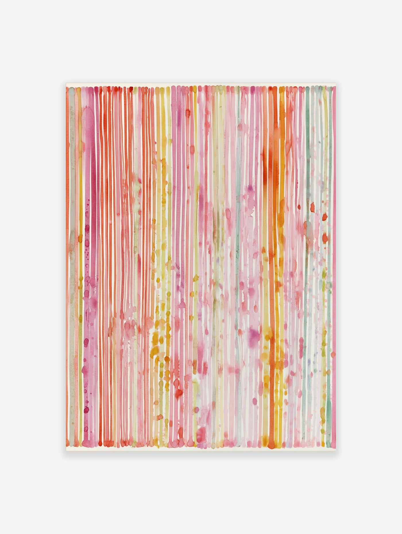 Abstract watercolour wall art with vertical pink, orange, and yellow dripping stripes on a light background