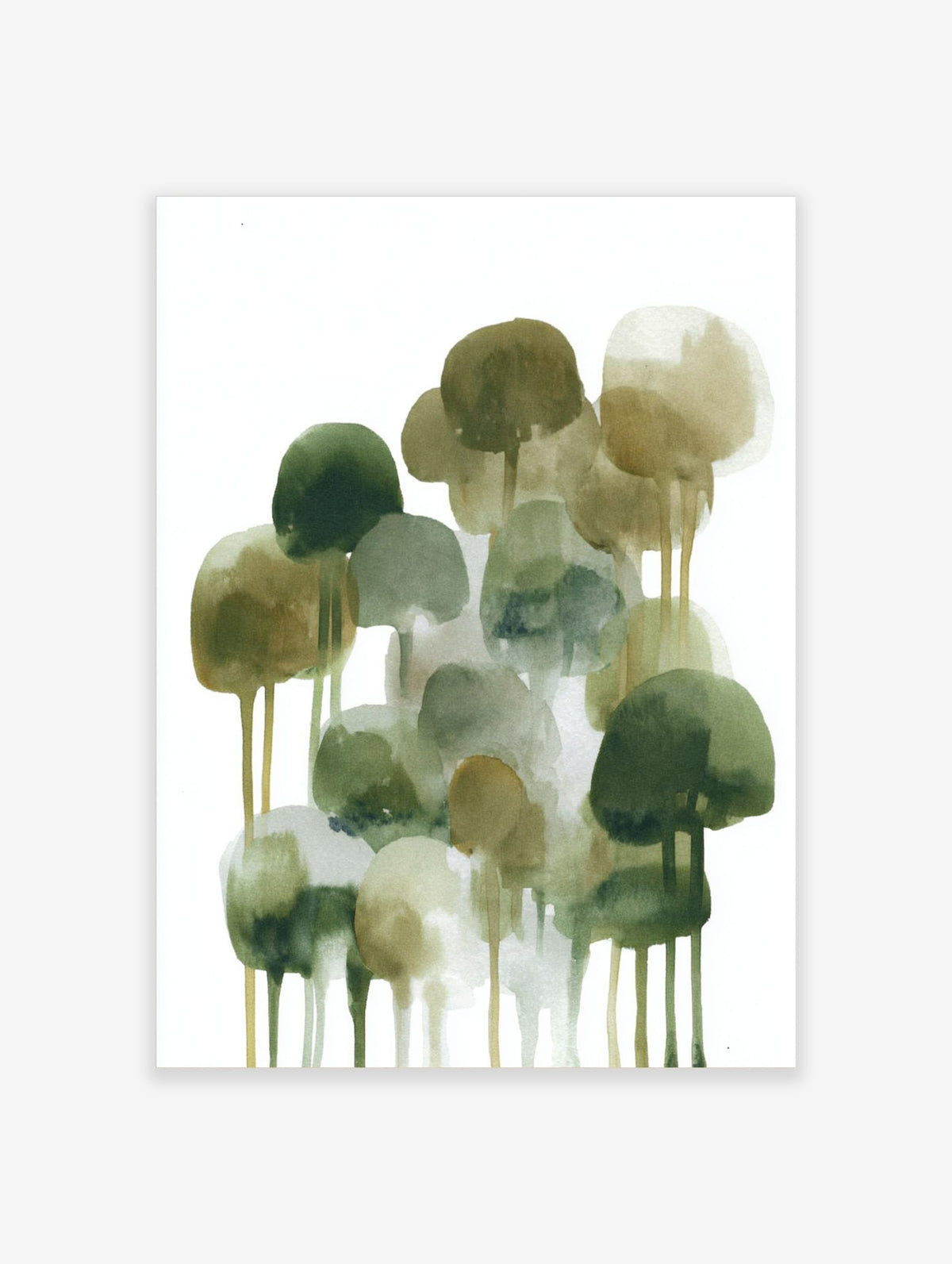 Abstract watercolour art print with green, olive, and brown tree-like shapes and drips on a white background