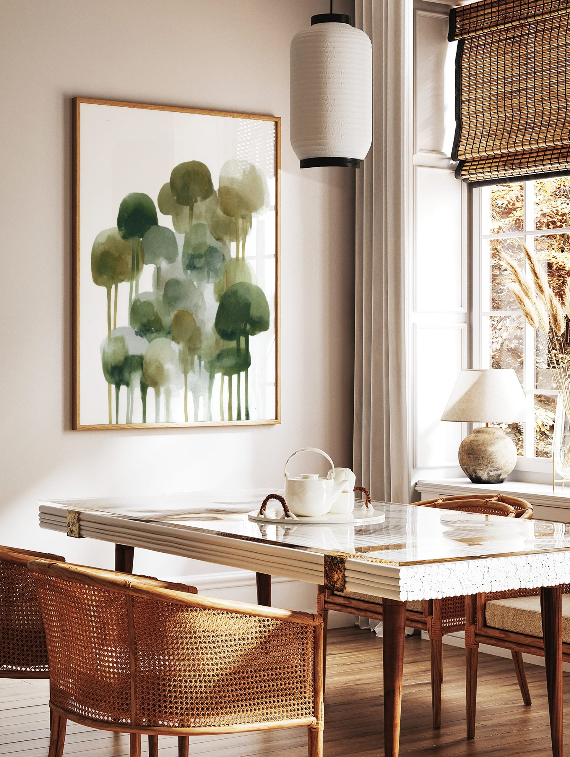 Abstract watercolour art print with green, olive, and brown tree-like shapes and drips on a white, in a styled room mockup