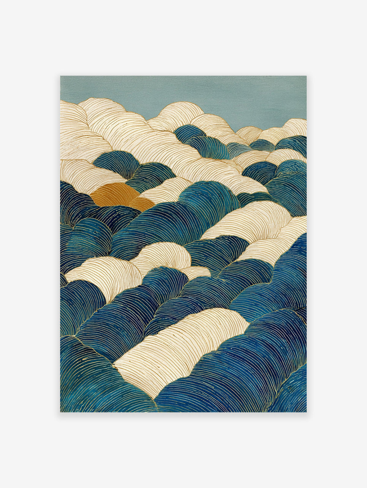 Abstract wave art print with blue, cream, and gold lines on a teal background, featuring stylized, rolling wave patterns.