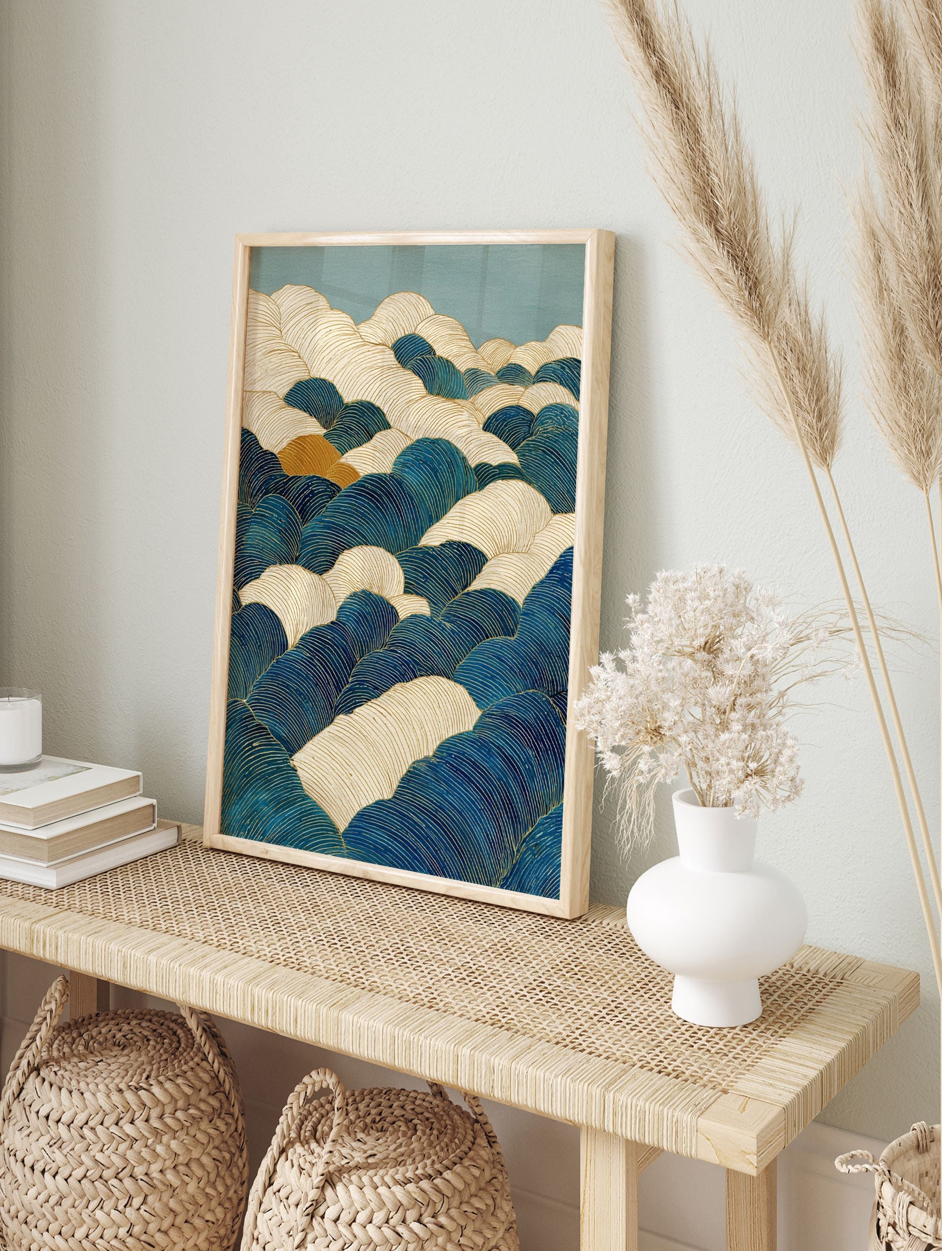 Abstract wave art print with blue, cream, and gold lines on a teal background, featuring stylized, rolling wave patterns. - Image 3
