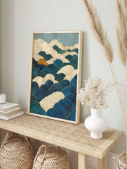 Abstract wave art print with blue, cream, and gold lines on a teal background, featuring stylized, rolling wave patterns. - Image 3