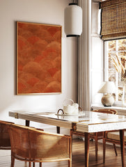 Abstract Japanese-inspired wave pattern wall art in orange and cream tones on premium satin paper, in a styled room mockup