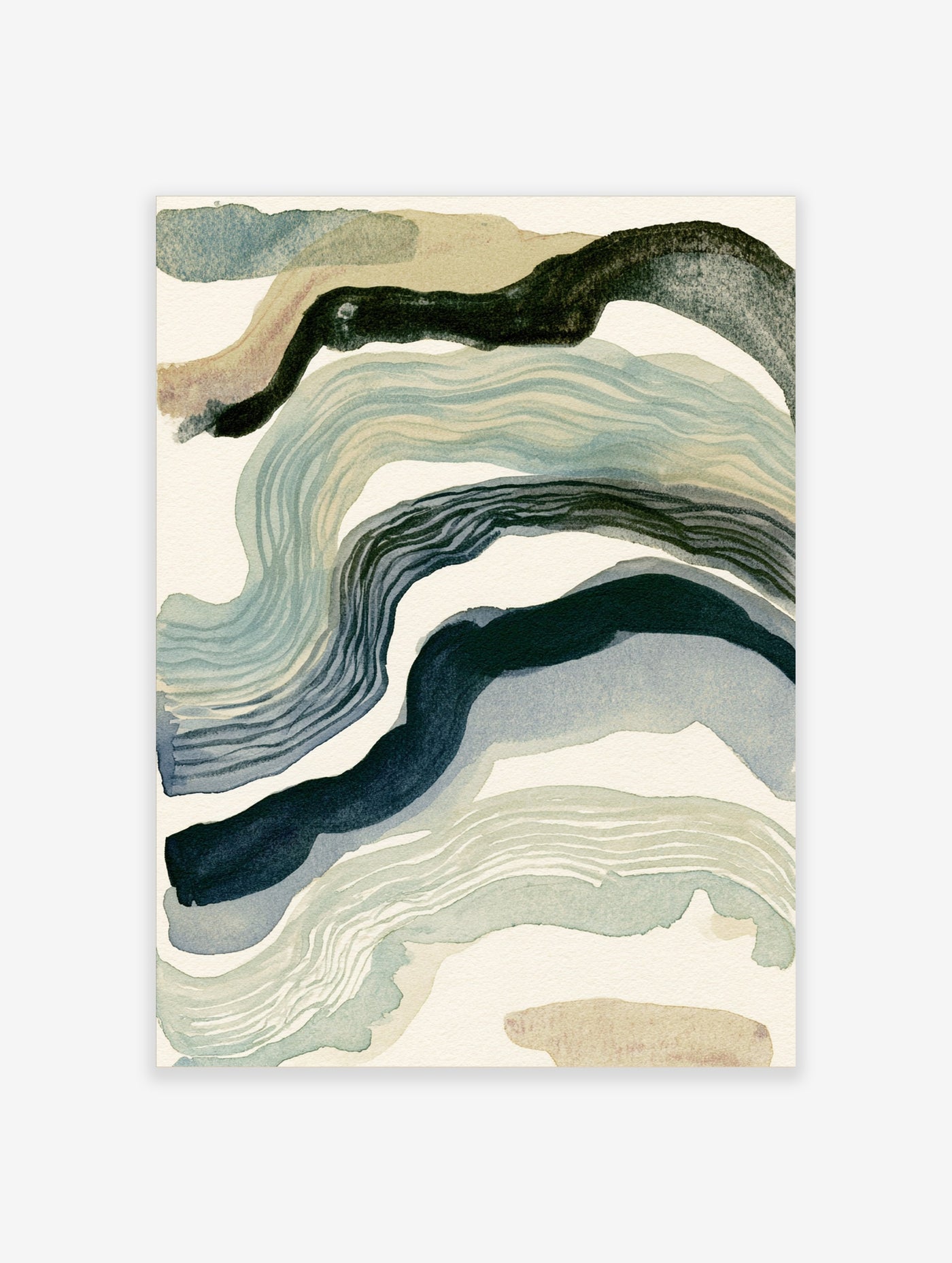 Abstract watercolor wall art with flowing wave shapes in blue, green, and beige on a cream background
