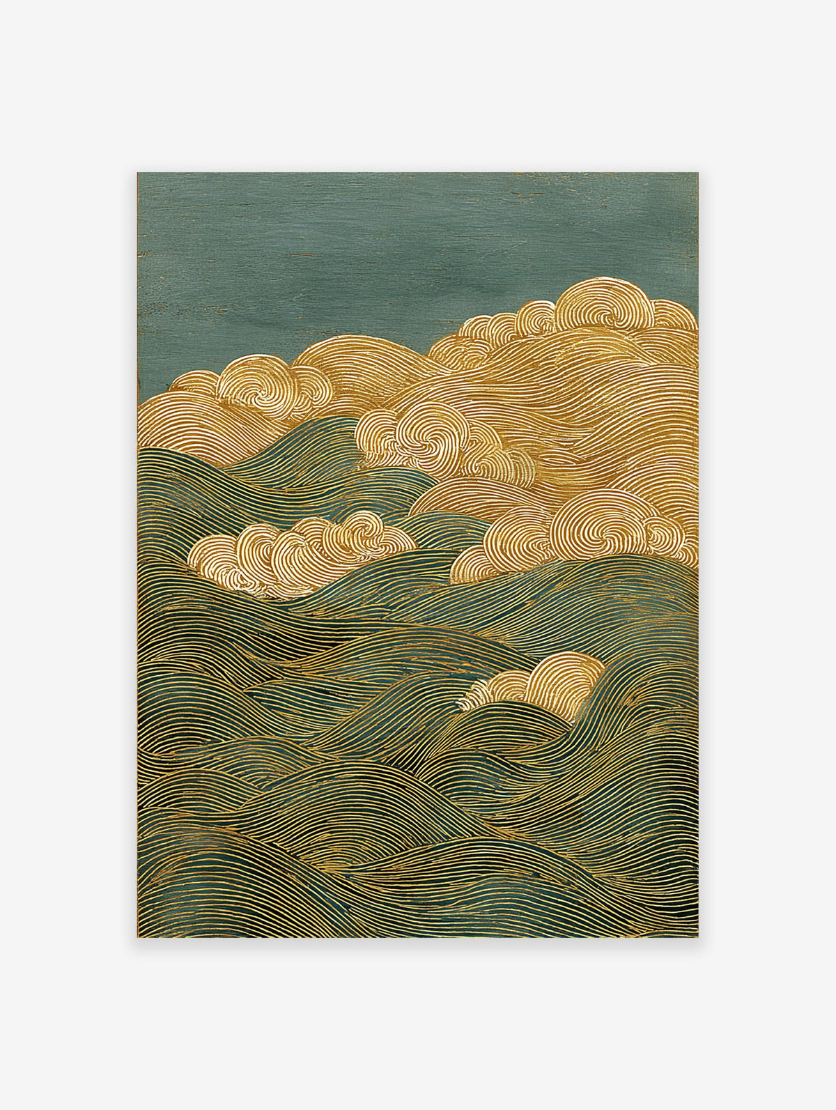 Abstract wave wall art with gold lines depicting ocean waves and stylized clouds on a deep teal background in Japanese style.