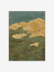 Abstract wave wall art with gold lines depicting ocean waves and stylized clouds on a deep teal background in Japanese style.