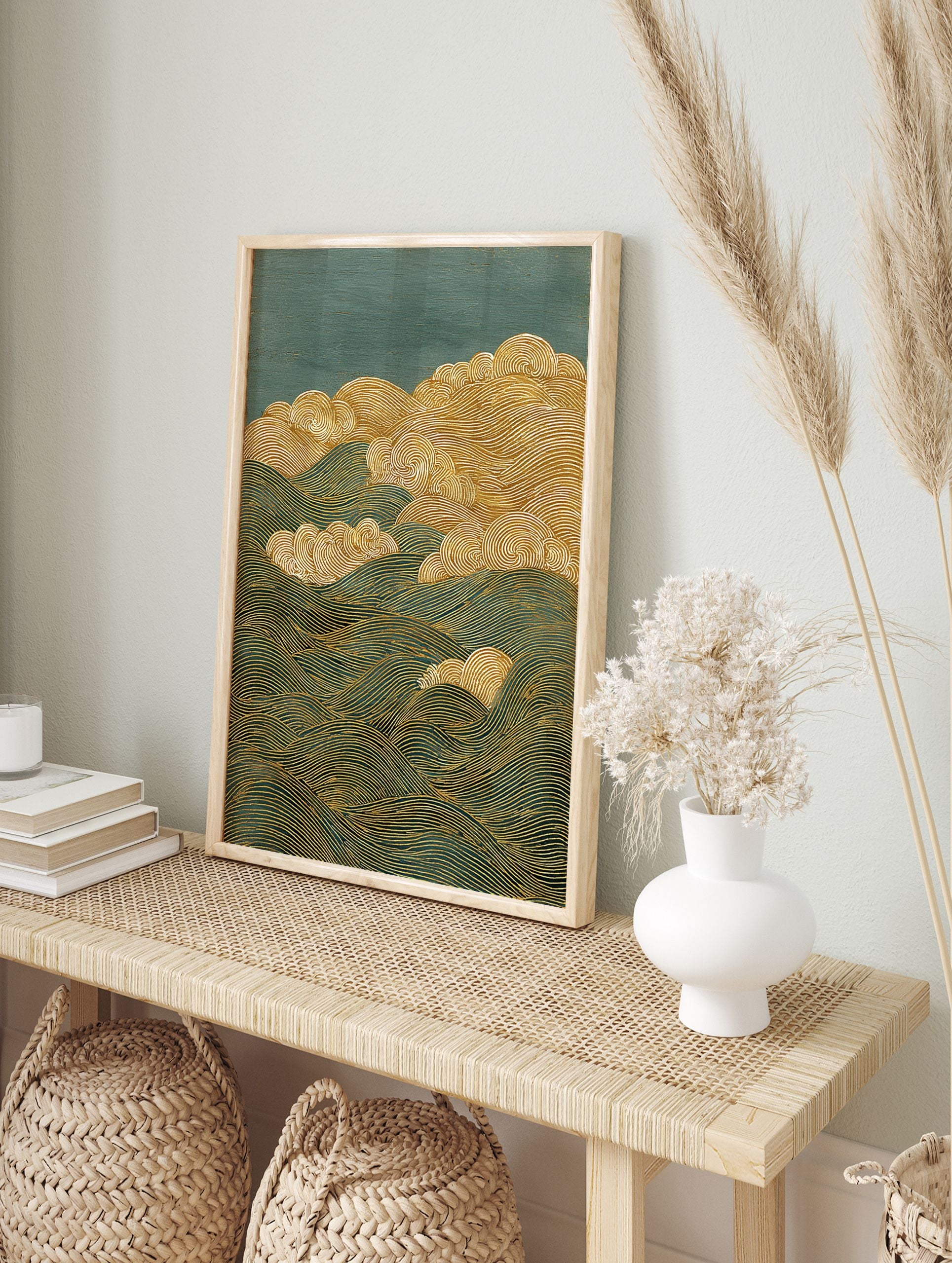 Abstract wave wall art with gold lines depicting ocean waves and stylized clouds on a deep teal background in Japanese style. - Image 3