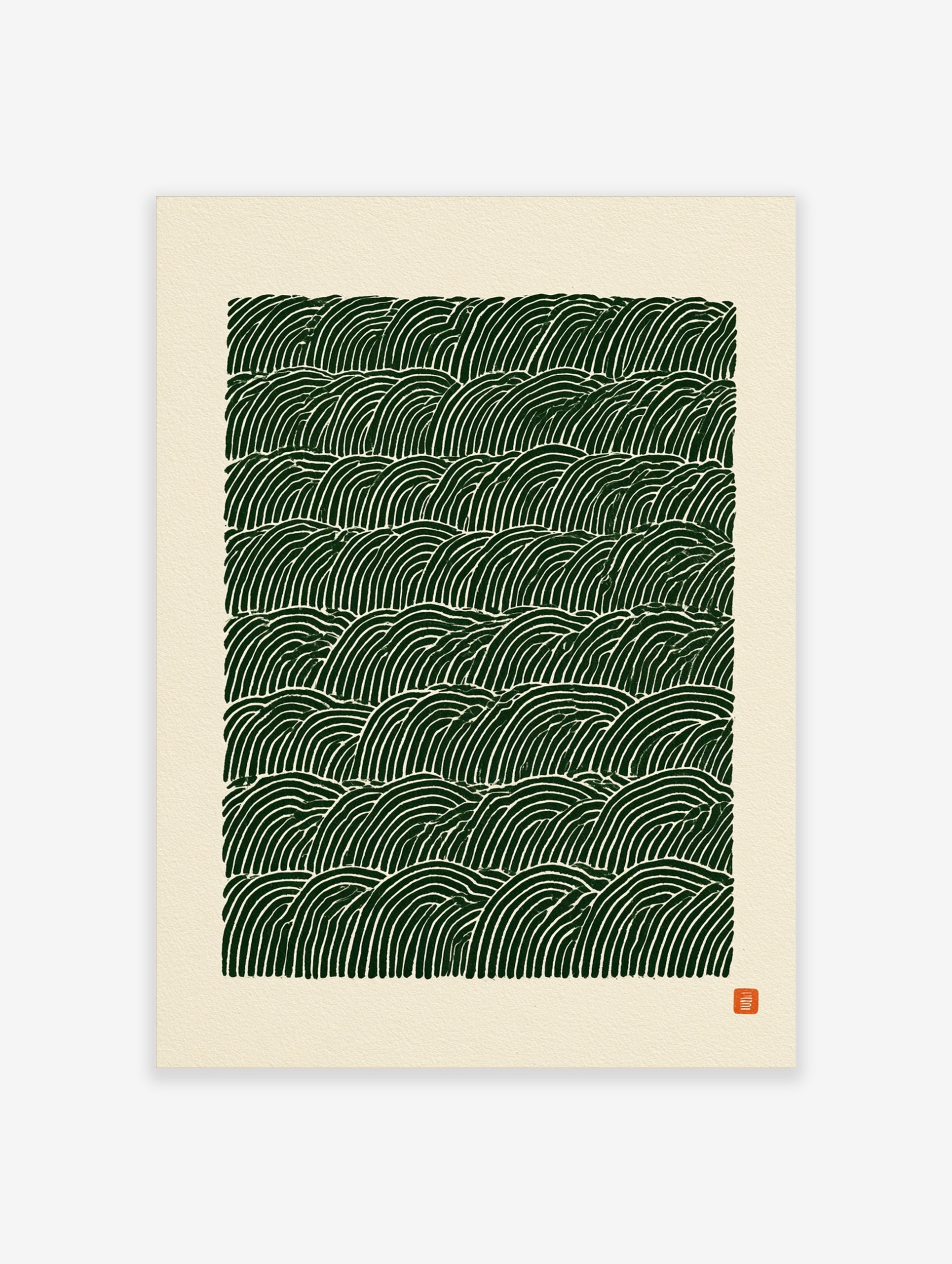 Abstract green wave pattern print with repeating lines on a cream background