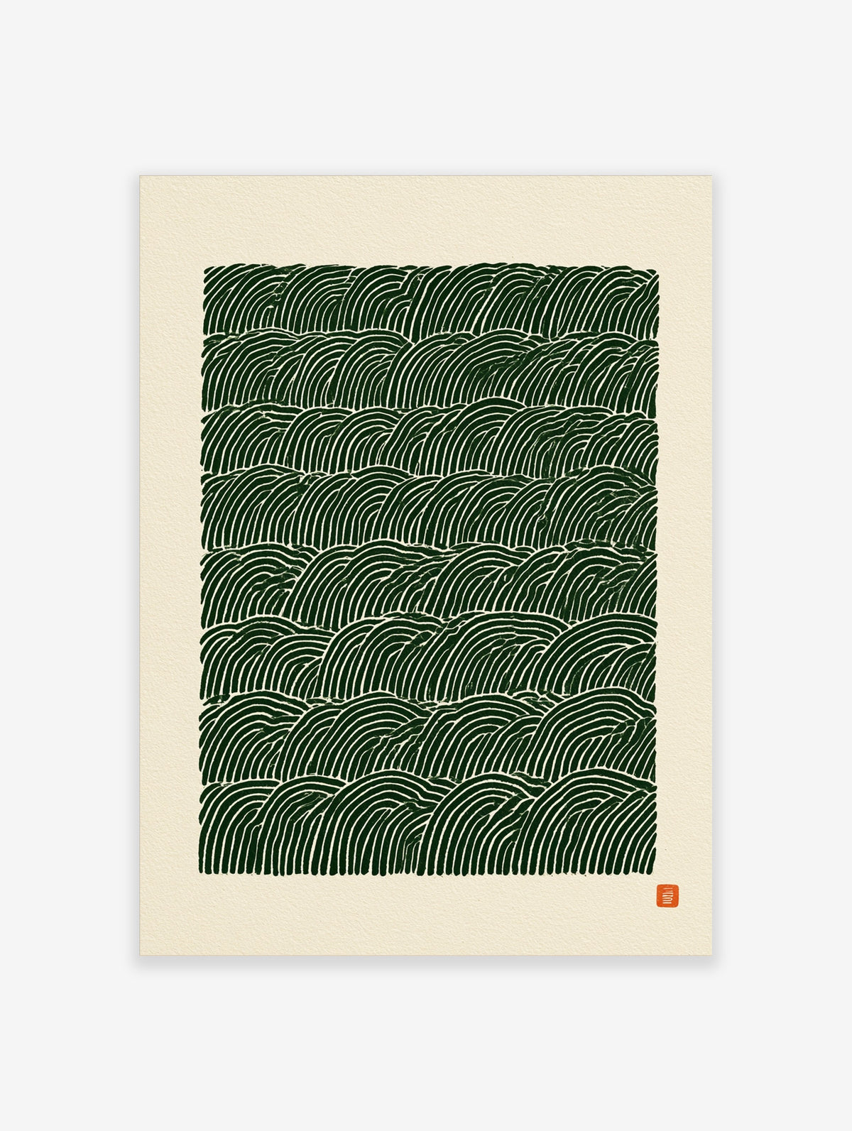 Abstract green wave pattern print with repeating lines on a cream background