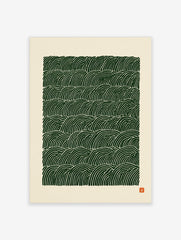 Abstract green wave pattern print with repeating lines on a cream background