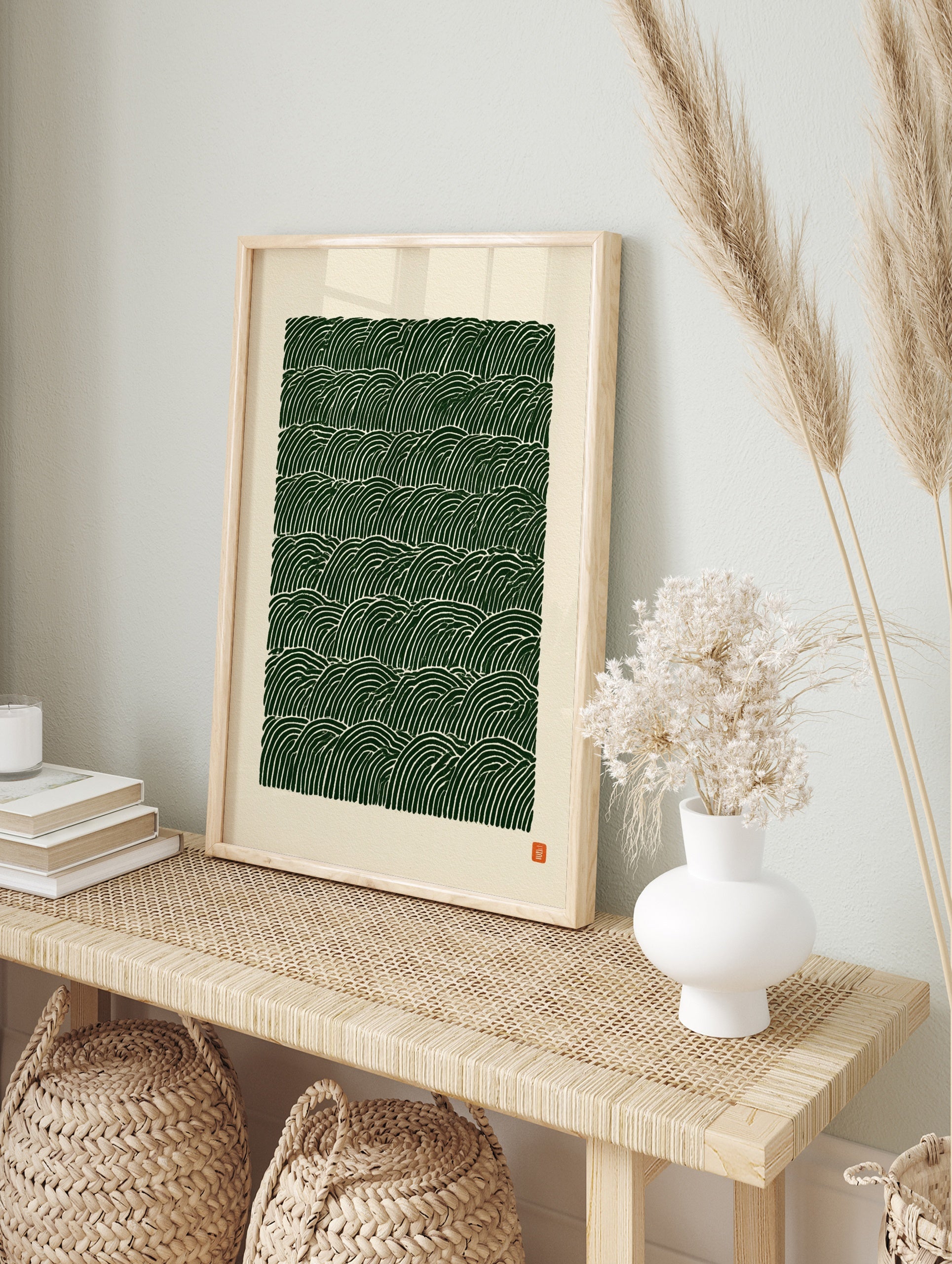 Abstract green wave pattern print with repeating lines on a cream background, in an alternate framed mockup