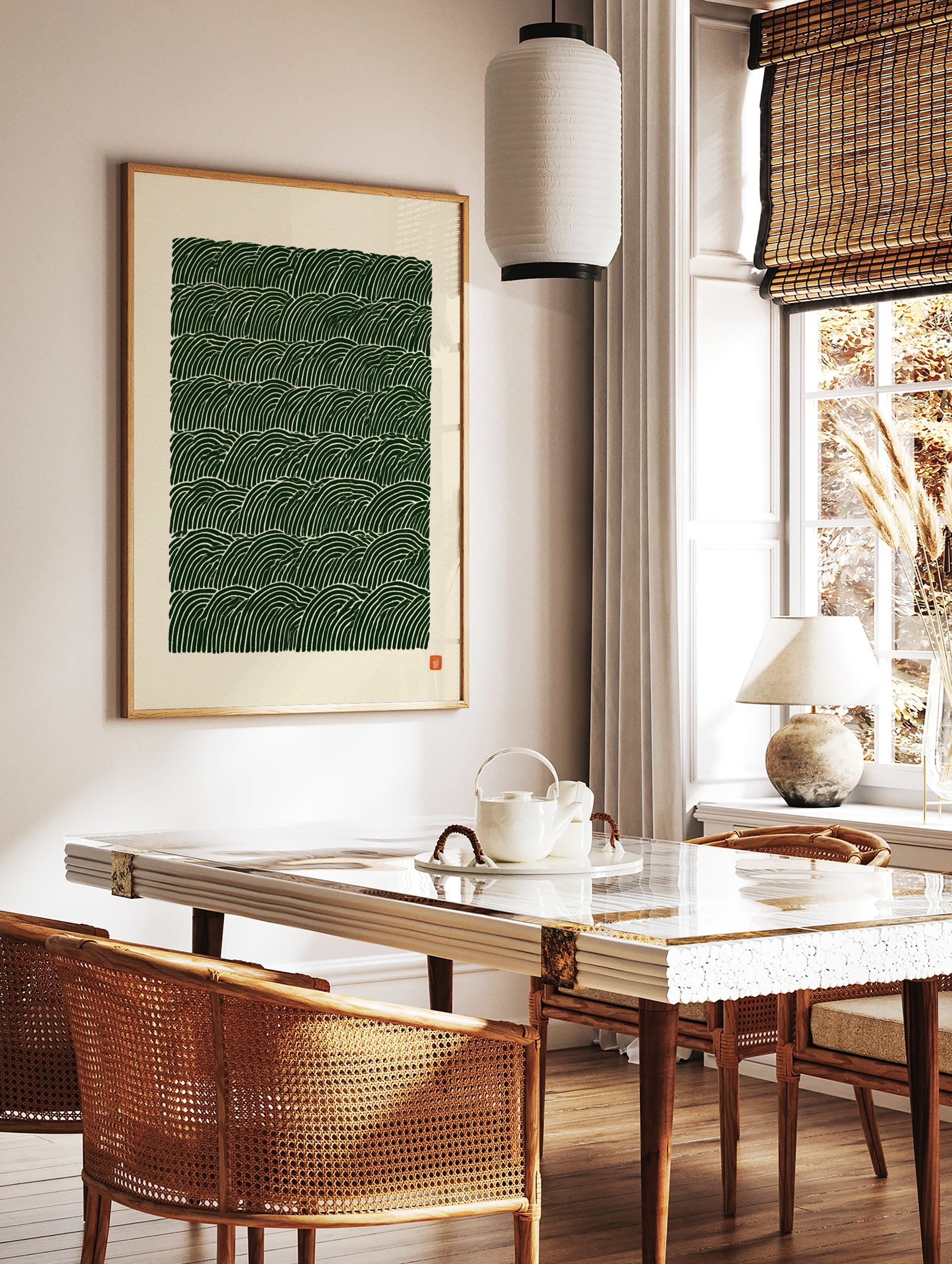 Abstract green wave pattern print with repeating lines on a cream background, in a styled room mockup