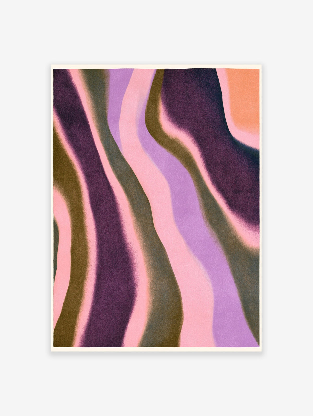 Abstract wave wall art print featuring fluid vertical lines in a soft gradient of pink, purple, and brown tones