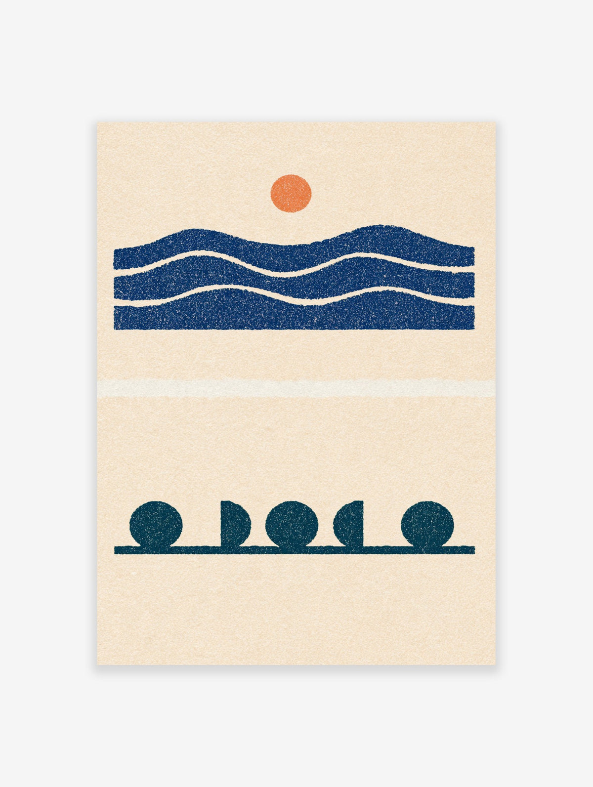 Minimalist blue abstract wave print with an orange sun and geometric moon phases on a cream background