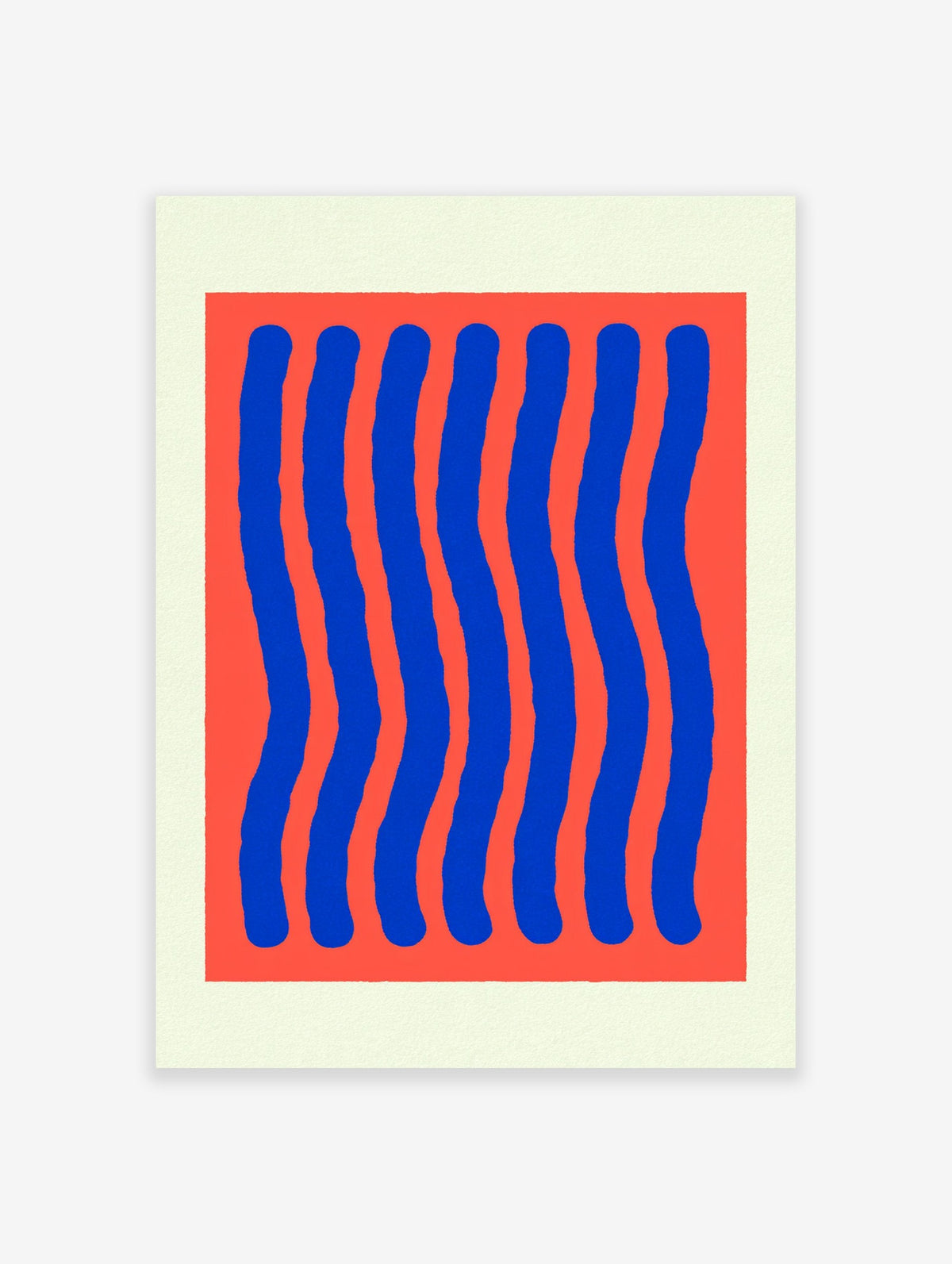 Minimalist abstract wall art with seven blue wavy lines on an orange background, printed on satin paper