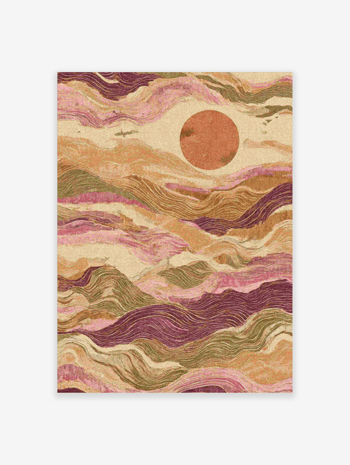 Abstract wavy landscape art print with layered hills in pink, green, and purple, featuring an orange sun