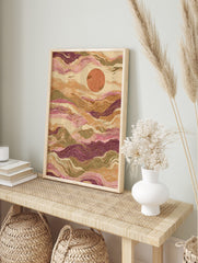 Abstract wavy landscape art print with layered hills in pink, green, and purple, featuring an, in an alternate framed mockup