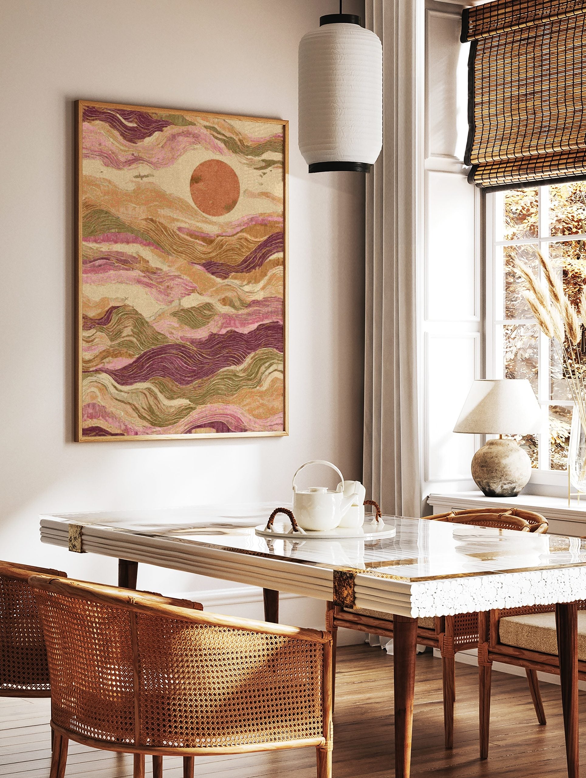 Abstract wavy landscape art print with layered hills in pink, green, and purple, featuring an, in a styled room mockup