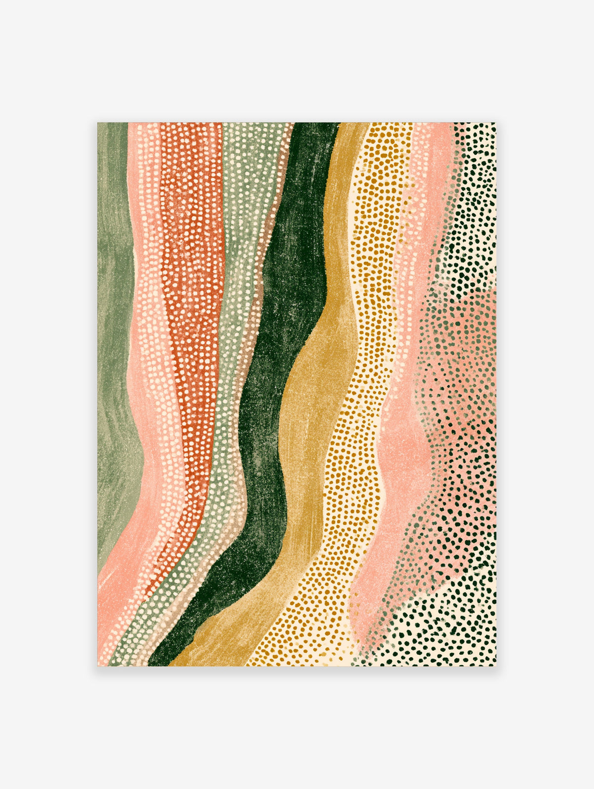 Abstract wavy lines poster with dotted textures in green, pink, ochre and cream vertical bands