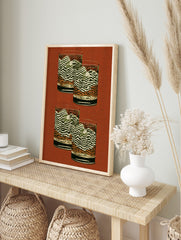 Four glasses with abstract wavy green, white, and orange patterns on a textured rust-red, in an alternate framed mockup