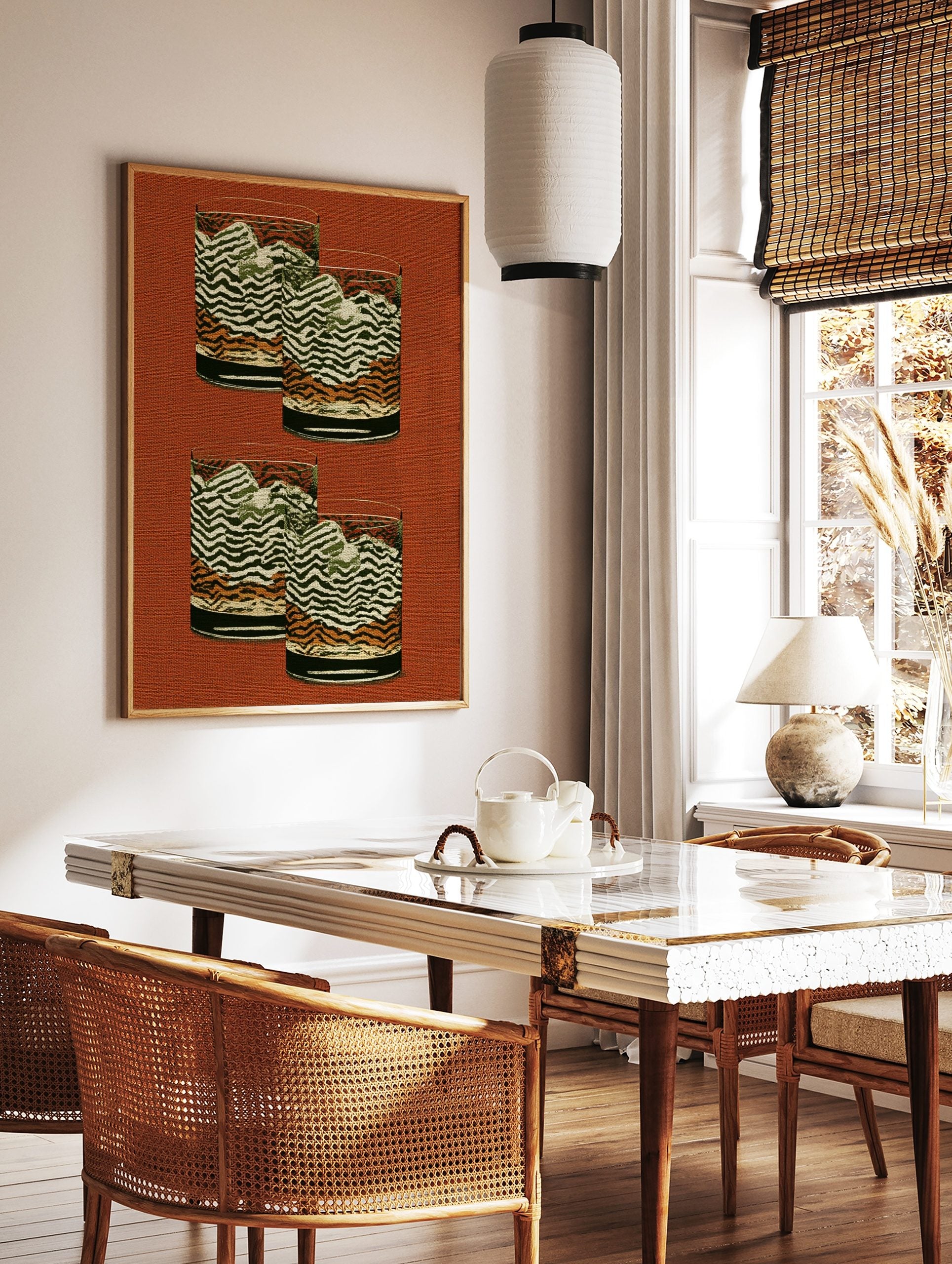 Four glasses with abstract wavy green, white, and orange patterns on a textured rust-red background, in a styled room mockup