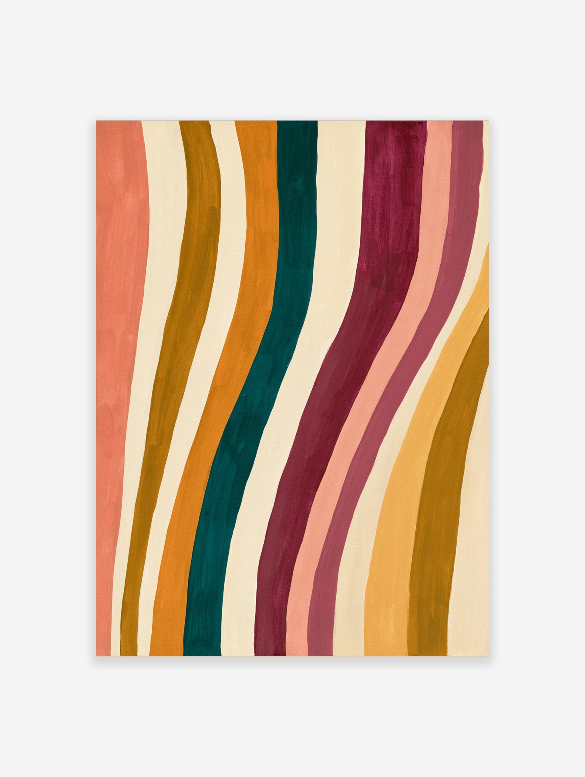 Abstract wavy stripe wall art featuring peach, teal, mustard, and burgundy vertical bands on a cream background